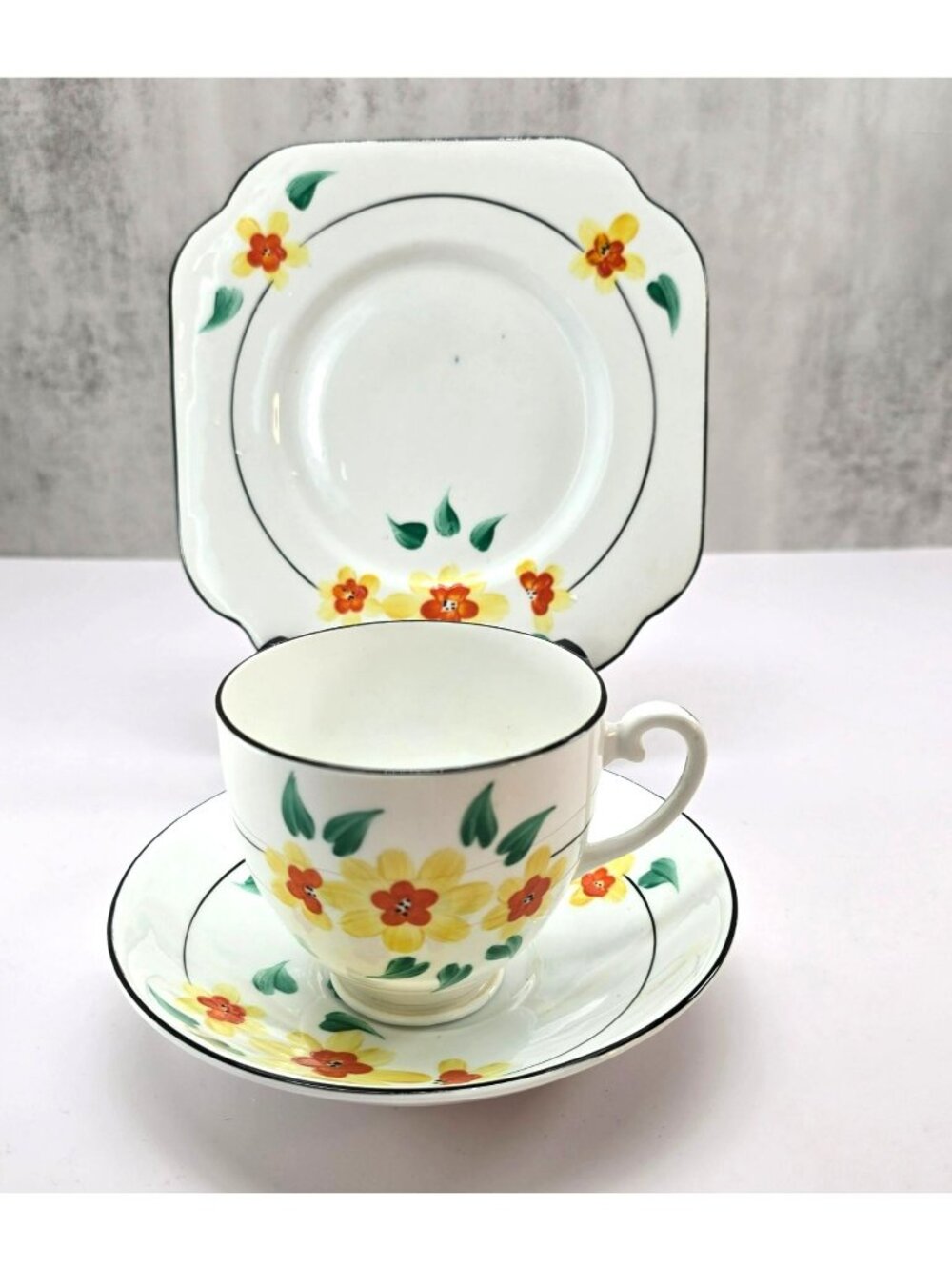 Vintage Floral Tea Cup & Saucer Set With Square Plate Yellow & Orange VL5092
